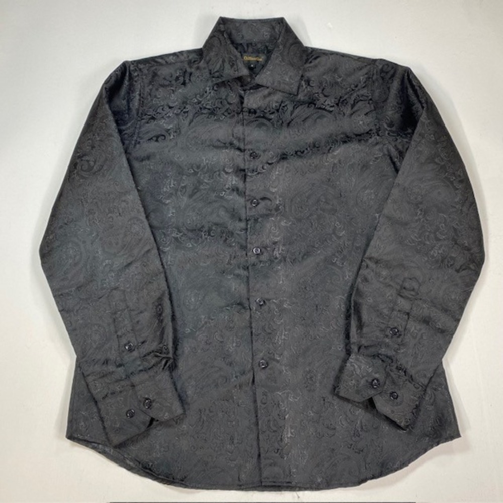 DiBanGu Mens Black Paisley Silk Blend Jacquard Long Sleeve Button Down Shirt M